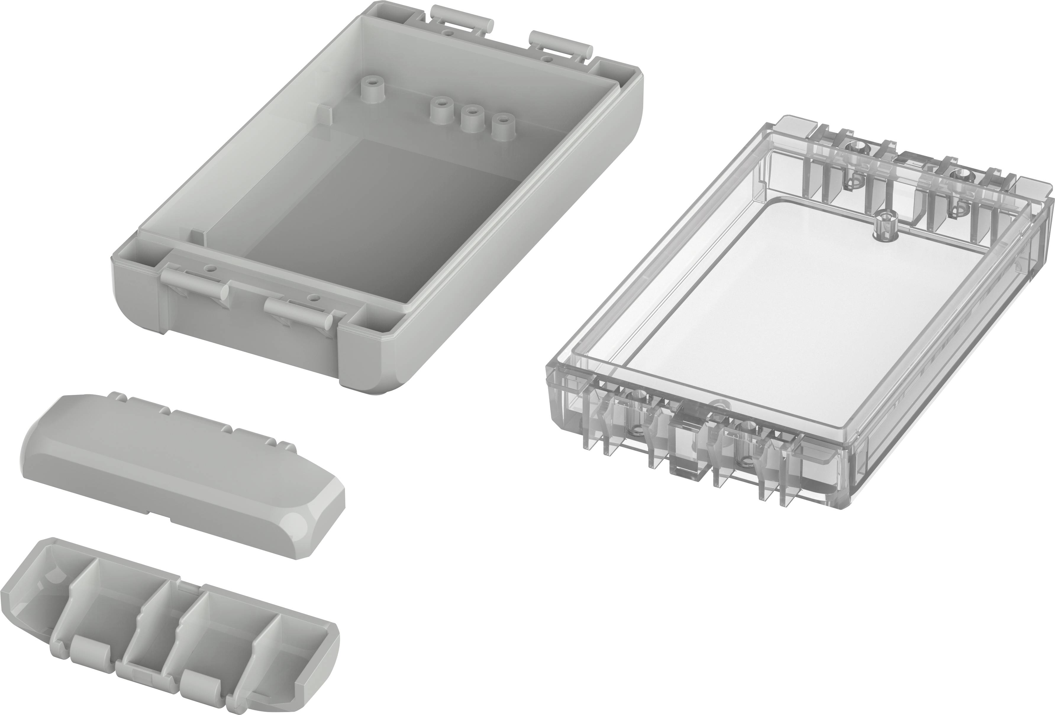 Housing components of an electronic device, in grey and transparent, showing various views and covers.