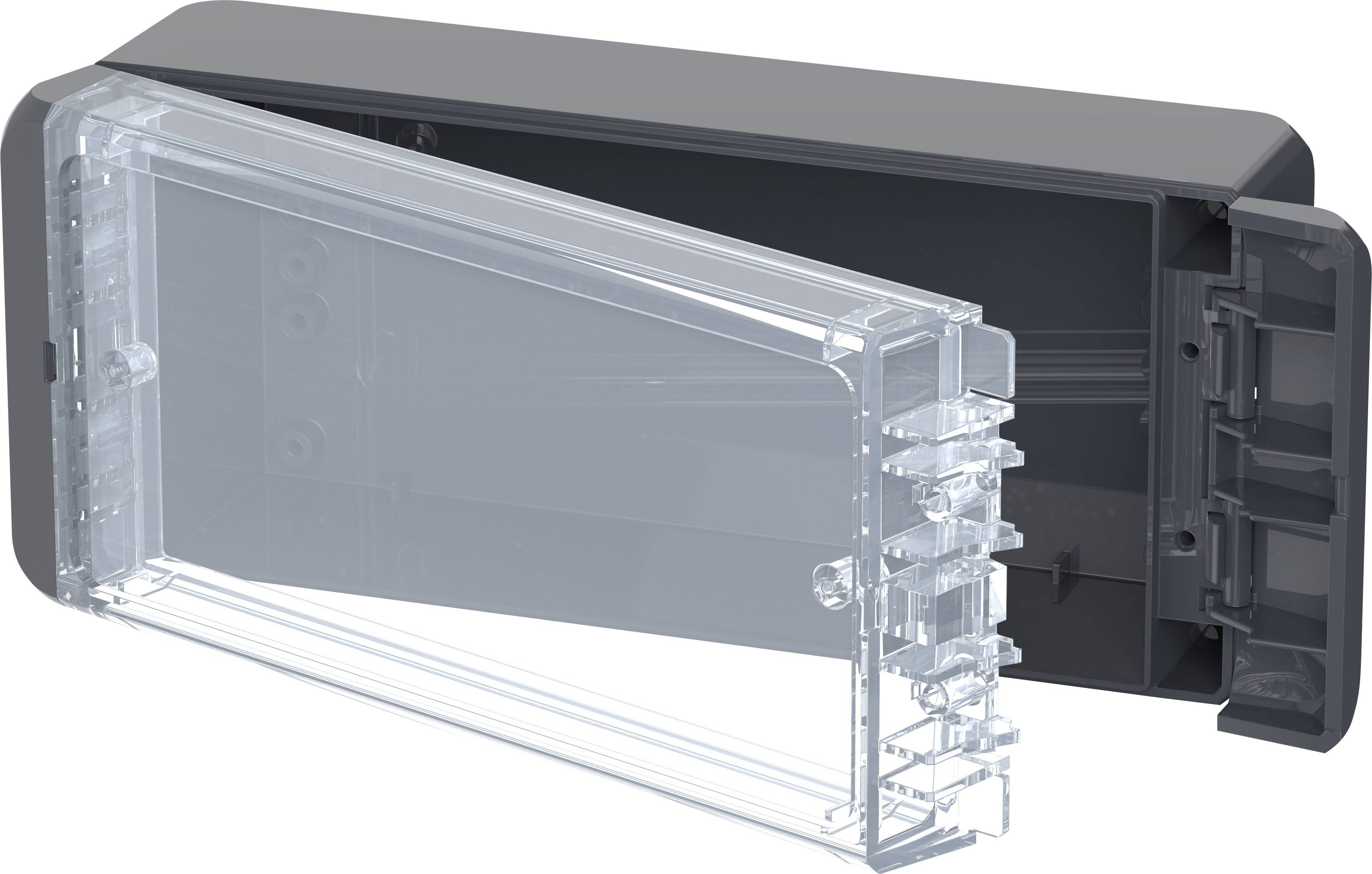 Transparent plastic storage box with removable lid, open. Suitable for storing small parts or electronic components.