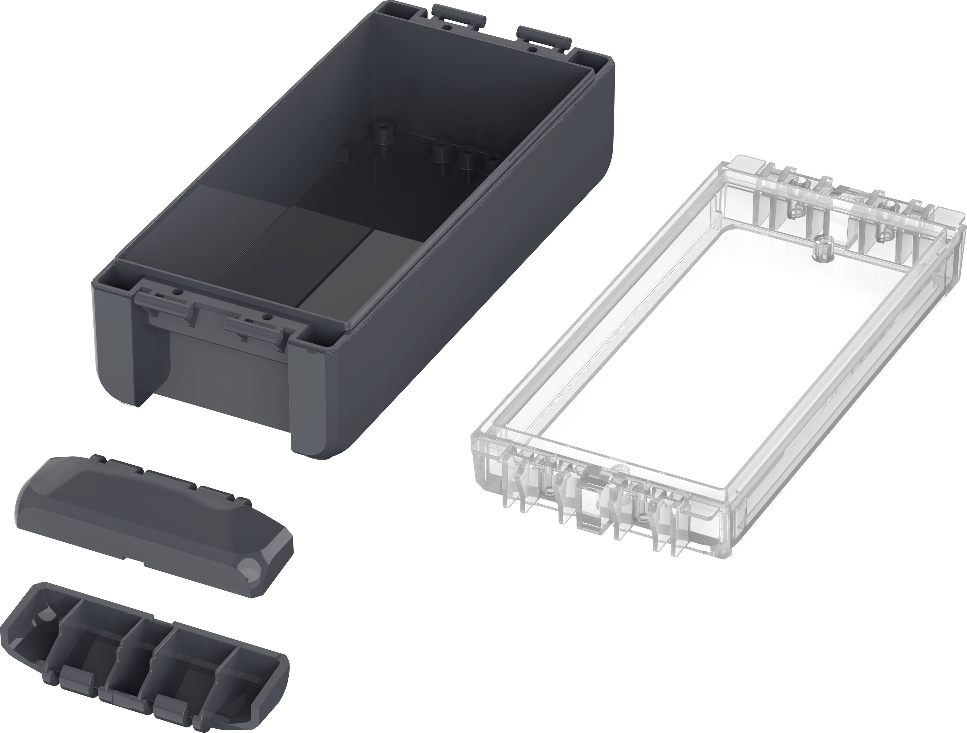 Black enclosure with transparent lid disassembled into individual parts. Parts include main housing, lid, and two smaller components.
