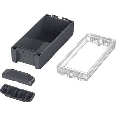 Black enclosure with transparent lid disassembled into individual parts. Parts include main housing, lid, and two smaller components.
