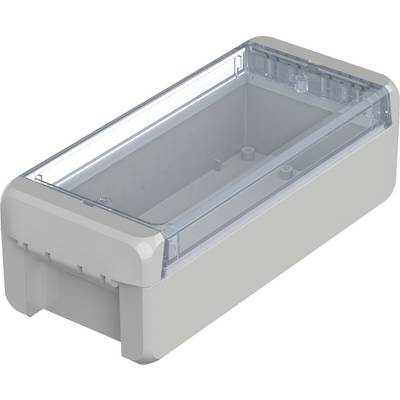 Transparent plastic container with a grey casing, rectangular shape, open from the top.