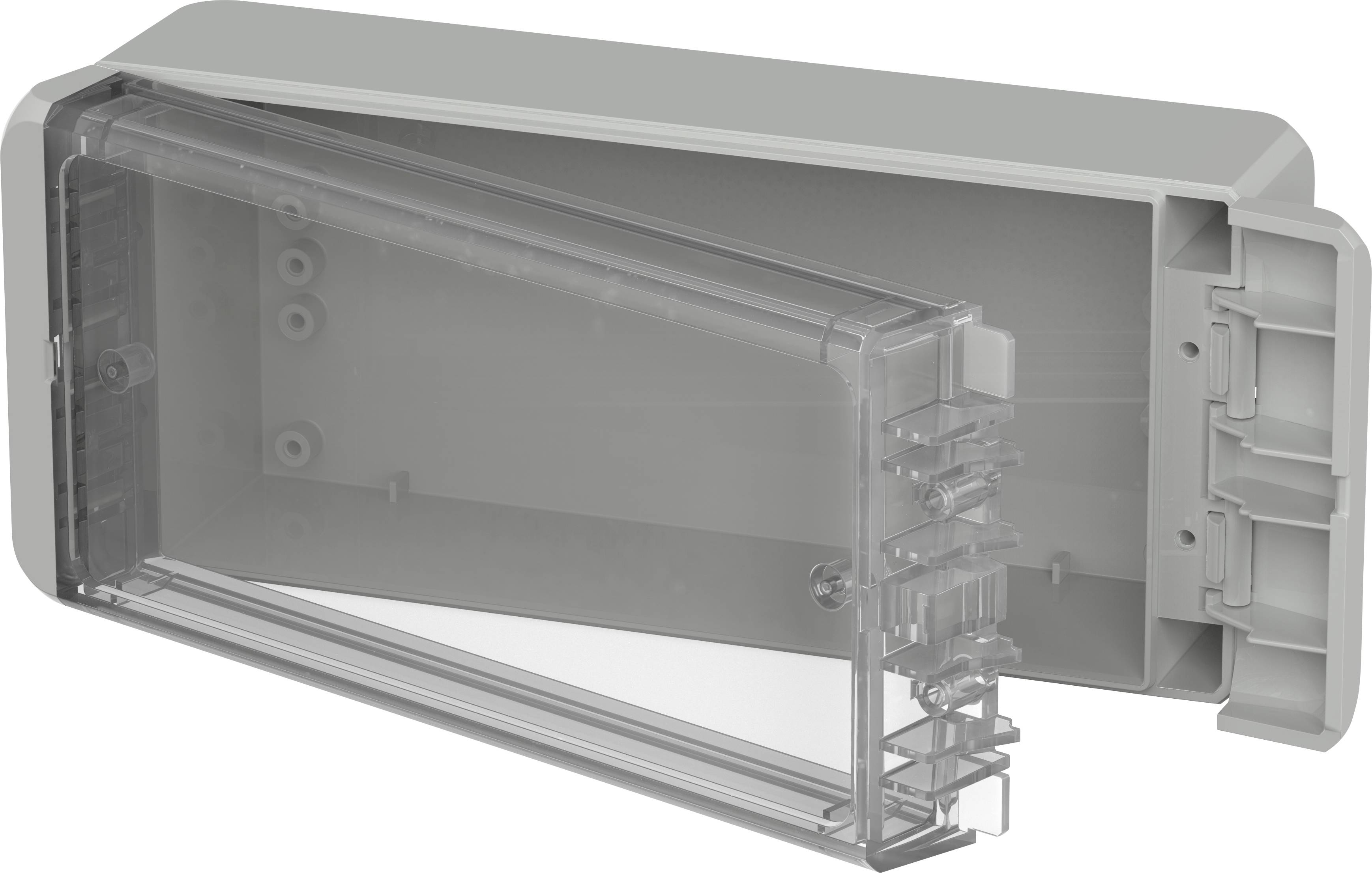 Plastic housing with a transparent lid, opened. Suitable for housing electronic components or cables.