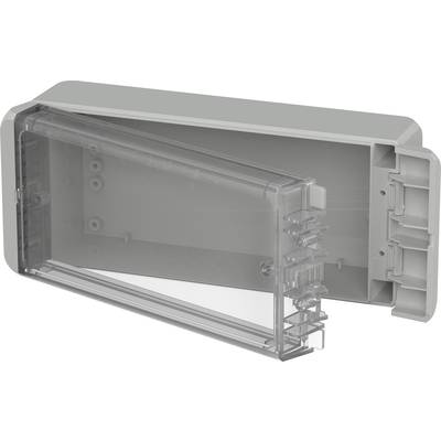 Plastic housing with a transparent lid, opened. Suitable for housing electronic components or cables.