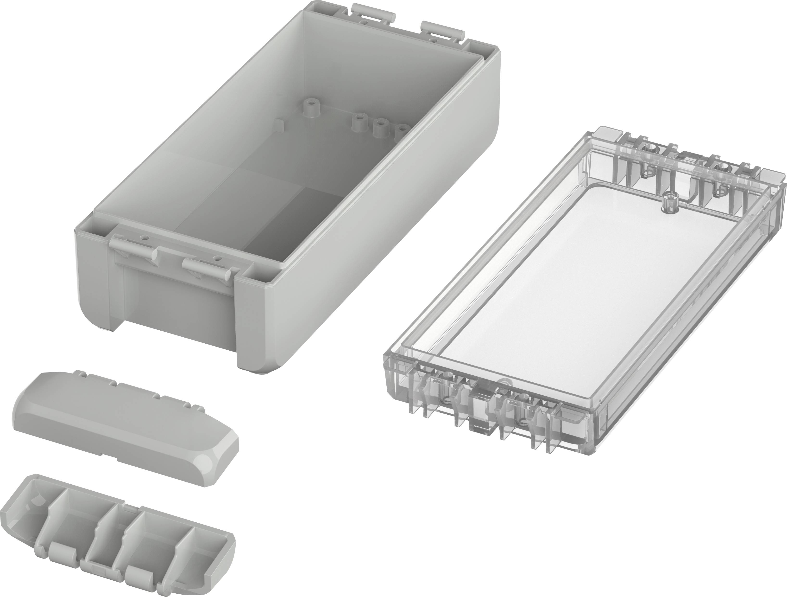 Grey, rectangular plastic casing, opened into four parts: lower housing, transparent lid, battery compartment, and cover.