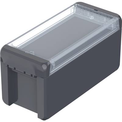 Black, rectangular plastic box with a transparent lid, likely intended as a storage container.