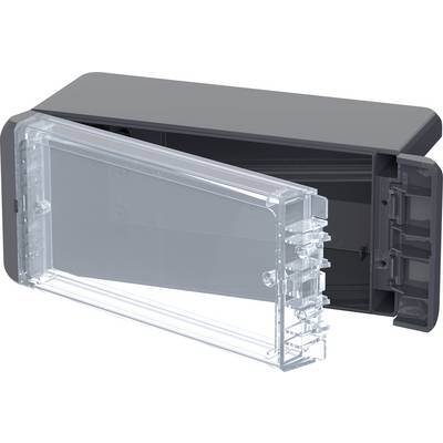 A grey plastic box with a transparent lid that is angled open. The box appears sturdy and functional.
