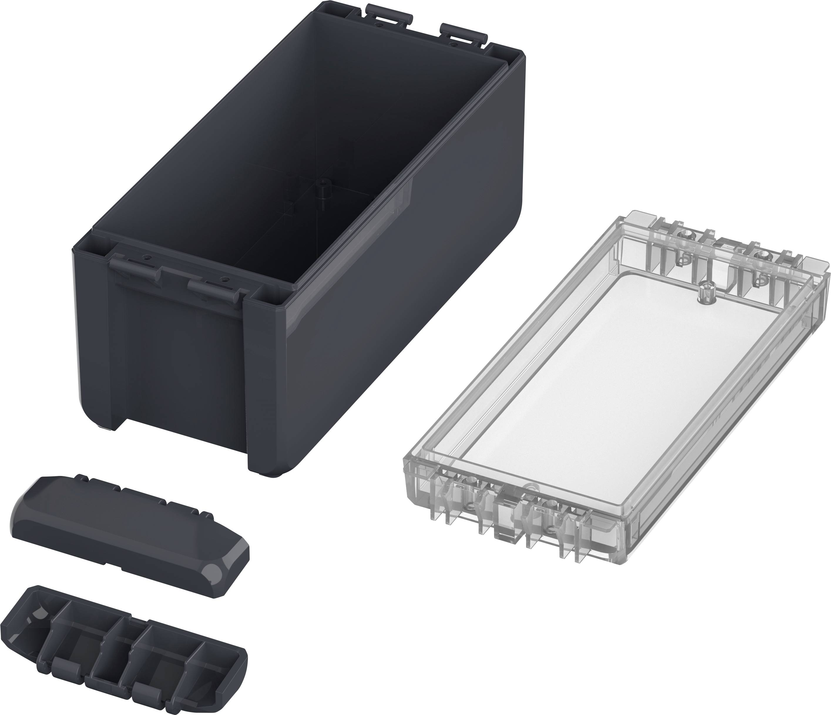 A rectangular black container with an open lid and two removable, transparent covers side by side.
