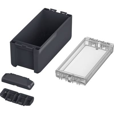 A rectangular black container with an open lid and two removable, transparent covers side by side.