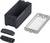 A rectangular black container with an open lid and two removable, transparent covers side by side.