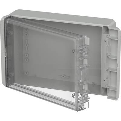 Grey, rectangular enclosure with a transparent, hinged front cover. Used for protecting electrical components.
