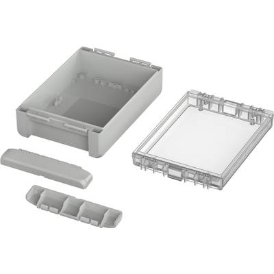 Electronic enclosure with four individual components: base, transparent cover, side drawer, small insert.