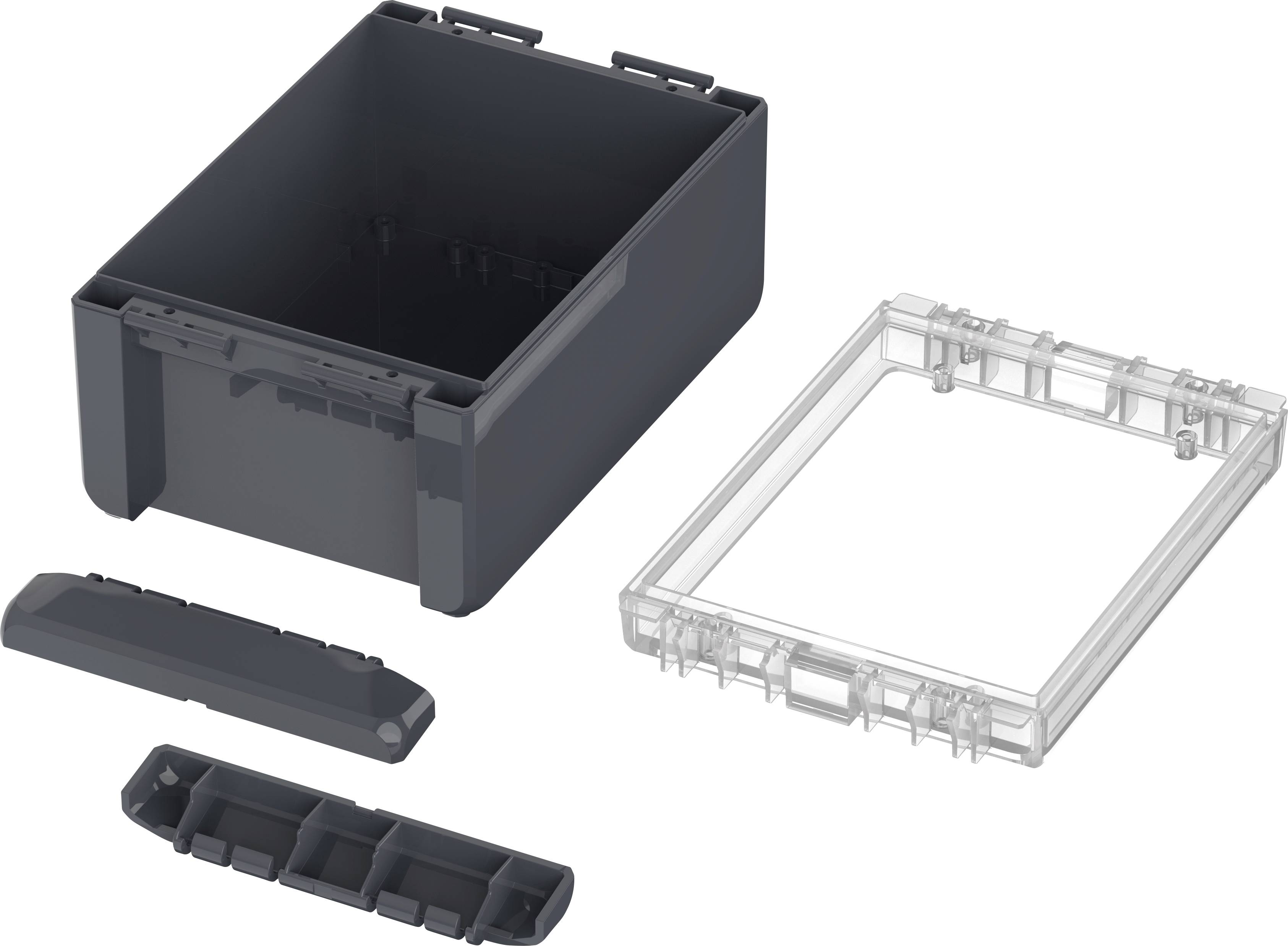 A black, rectangular enclosure with a removable transparent cover and several black mounting elements beside it.