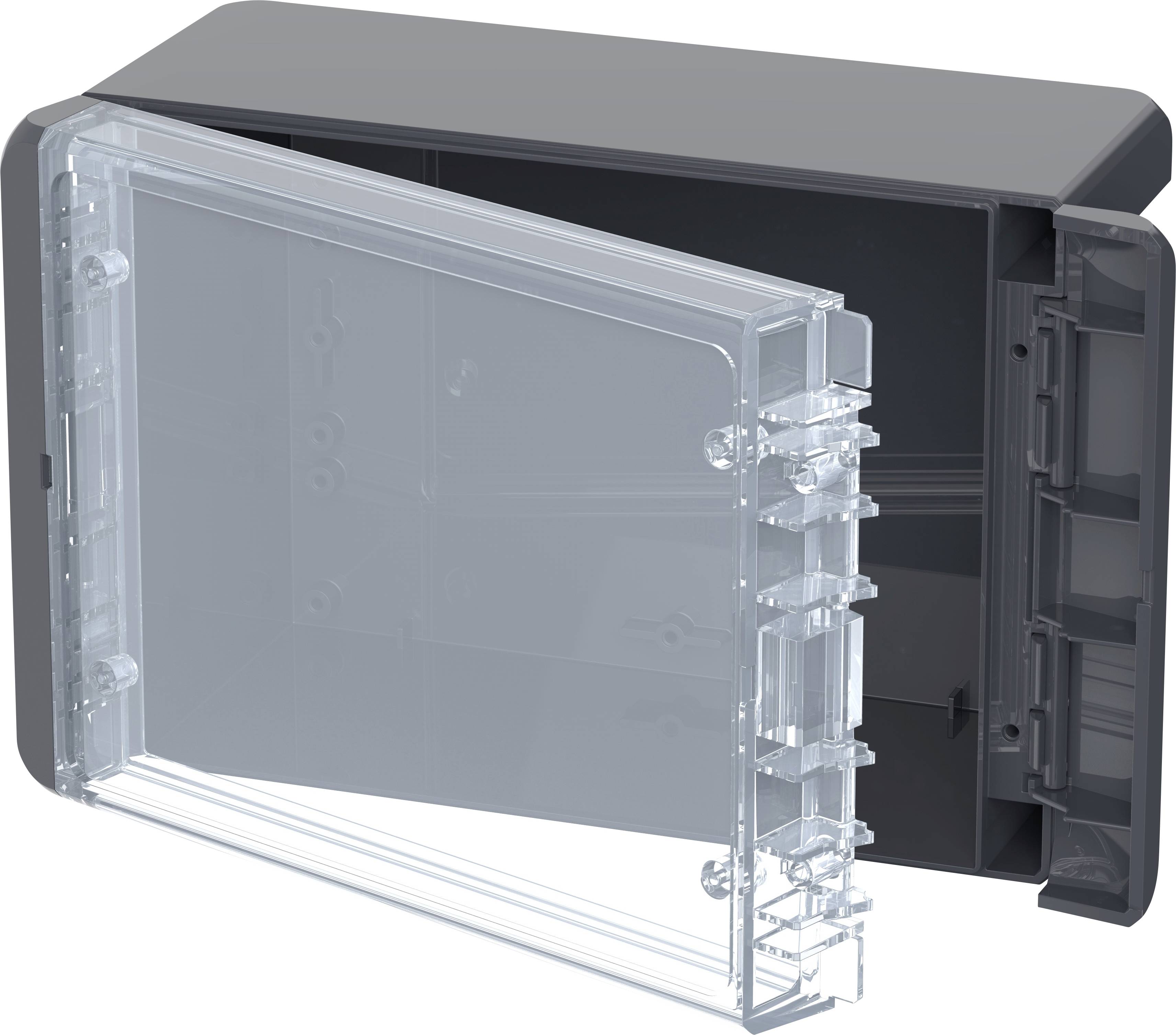 A black, rectangular housing box with a transparent, open front cover, suitable for protecting electronic devices.