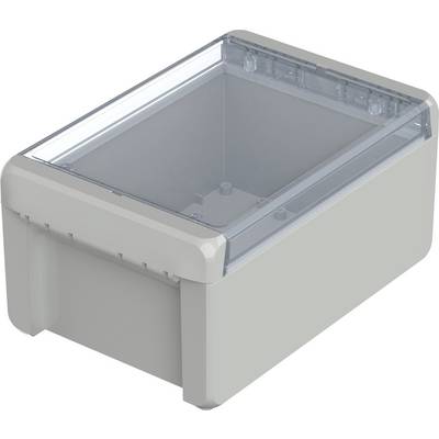 A rectangular, grey plastic enclosure with a transparent lid. It has a simple design without embellishments.