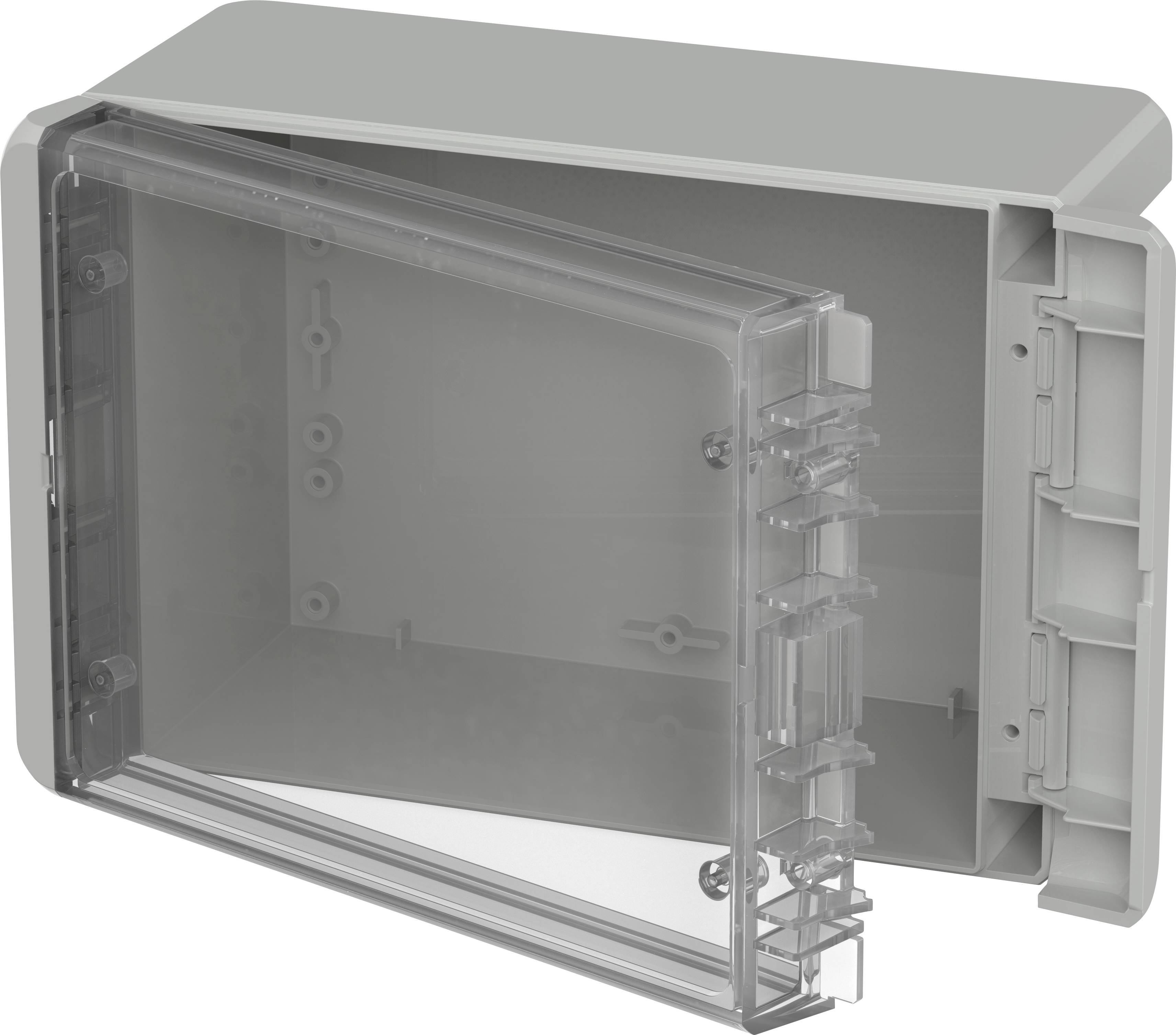 Grey, rectangular enclosure with an opened, transparent front cover. Clearly visible hinges and mounting points inside.