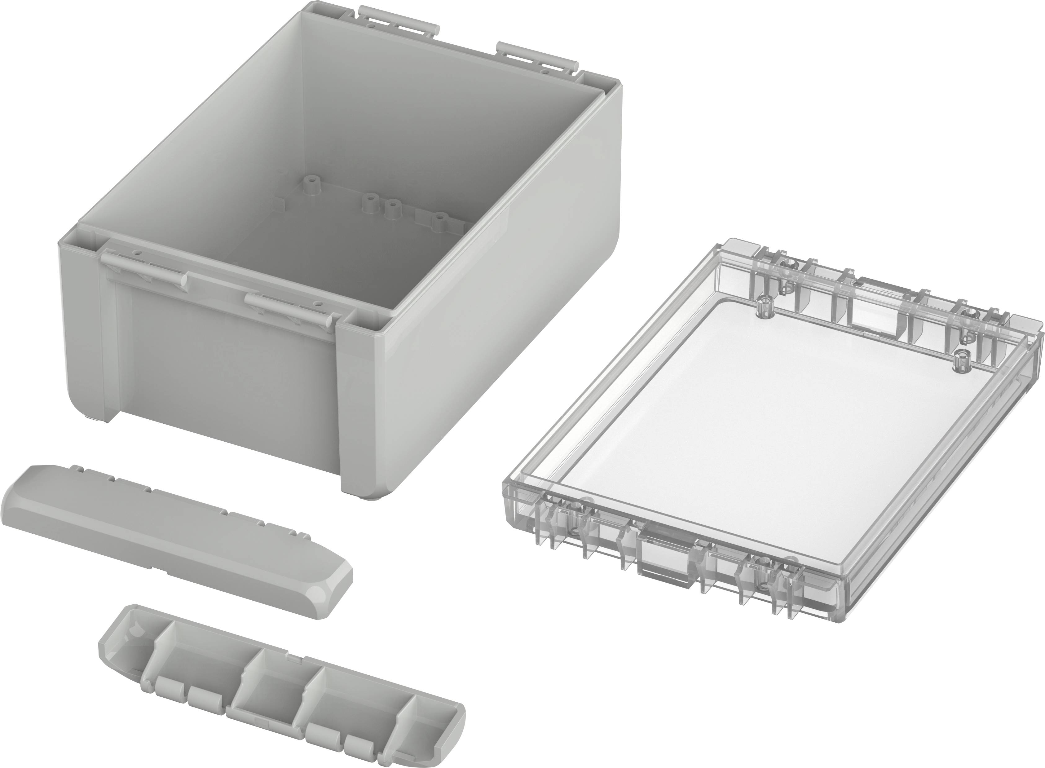 A grey, rectangular plastic casing disassembled into parts: base, transparent lid, and additional small components.