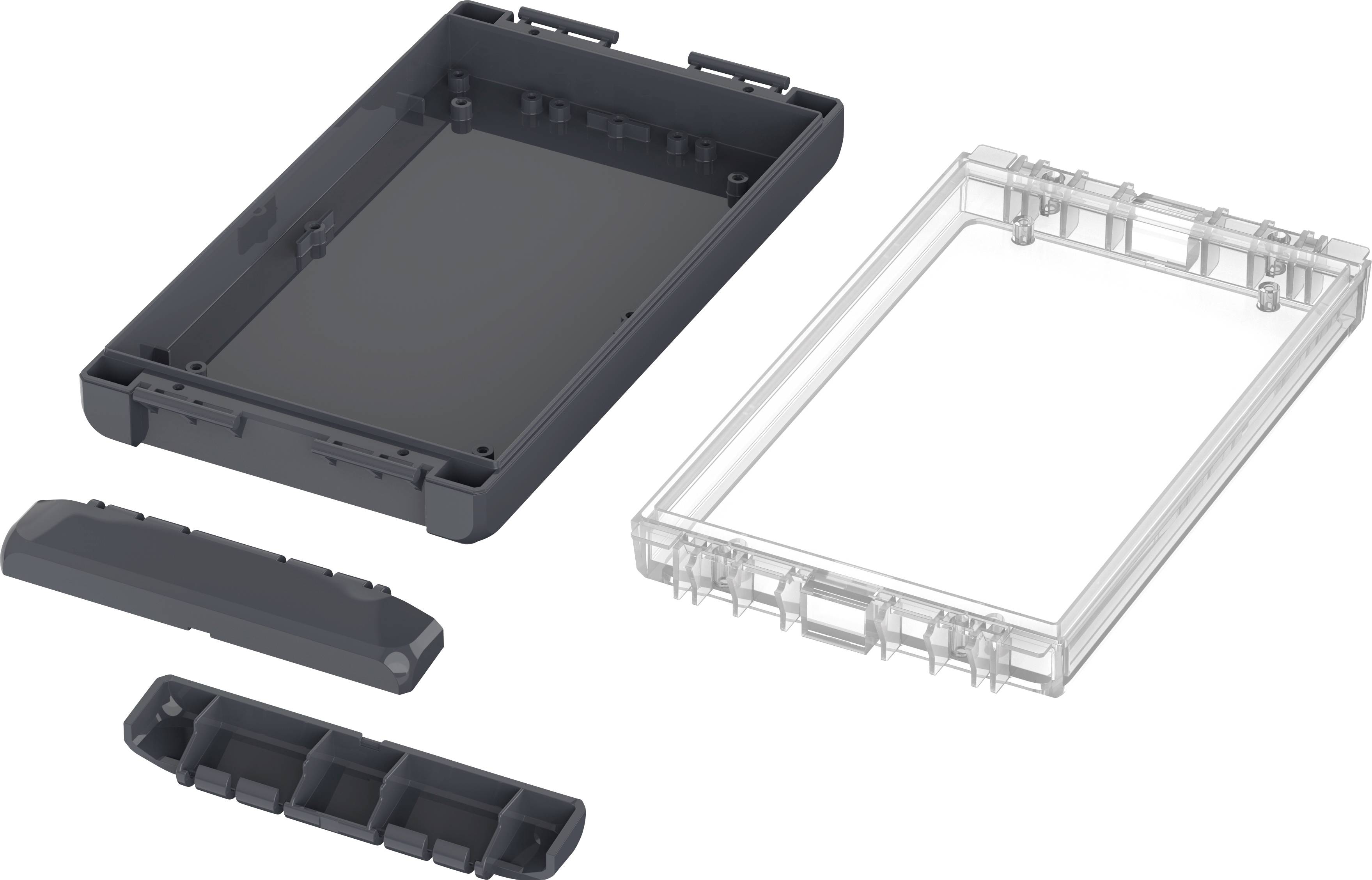 Black electronic enclosure and transparent cover, both in individual parts. Housing bottle shows internal structure.