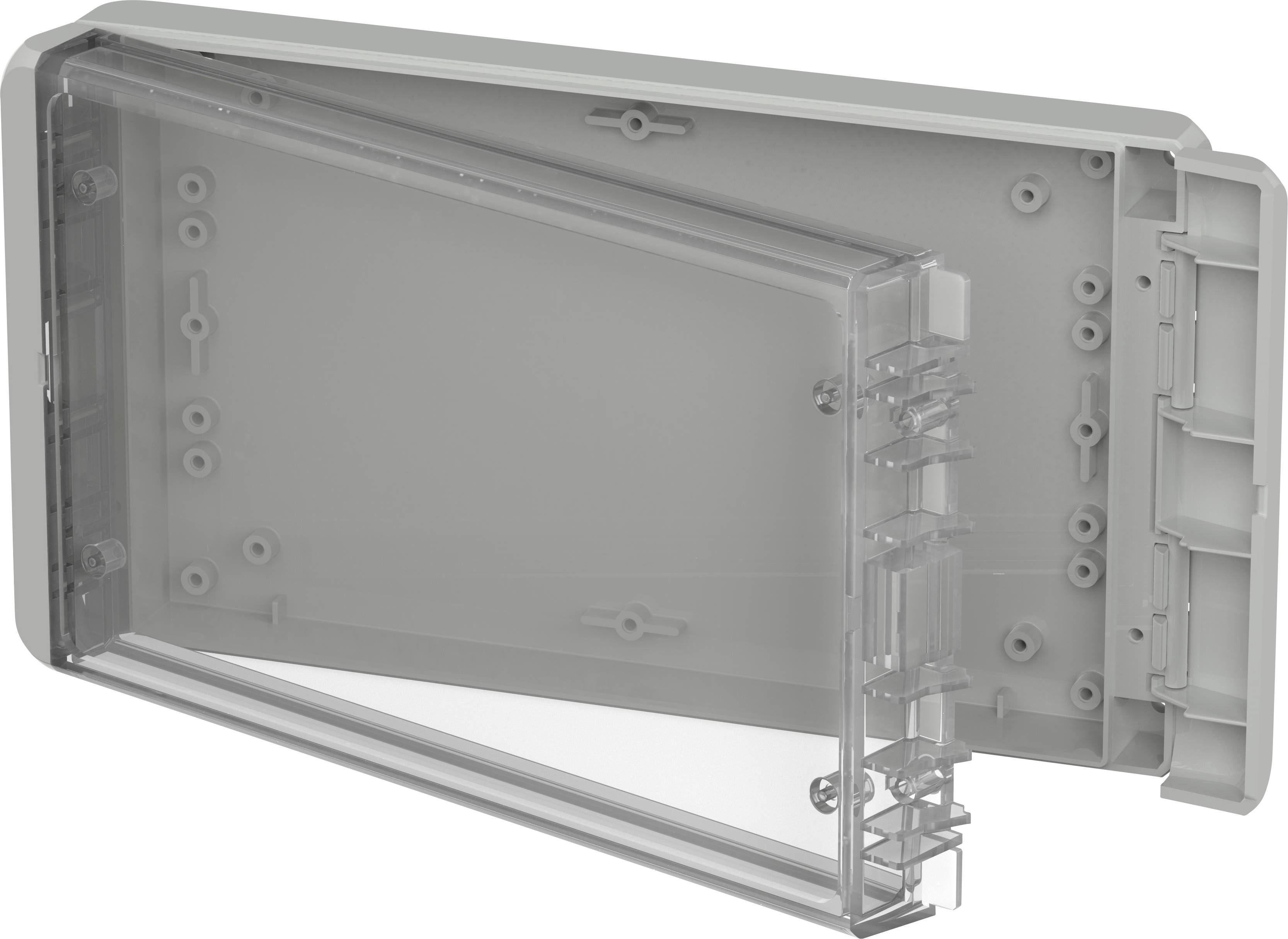 Grey, open plastic enclosure with a transparent lid and multiple mounting points. Suitable for electronic components.