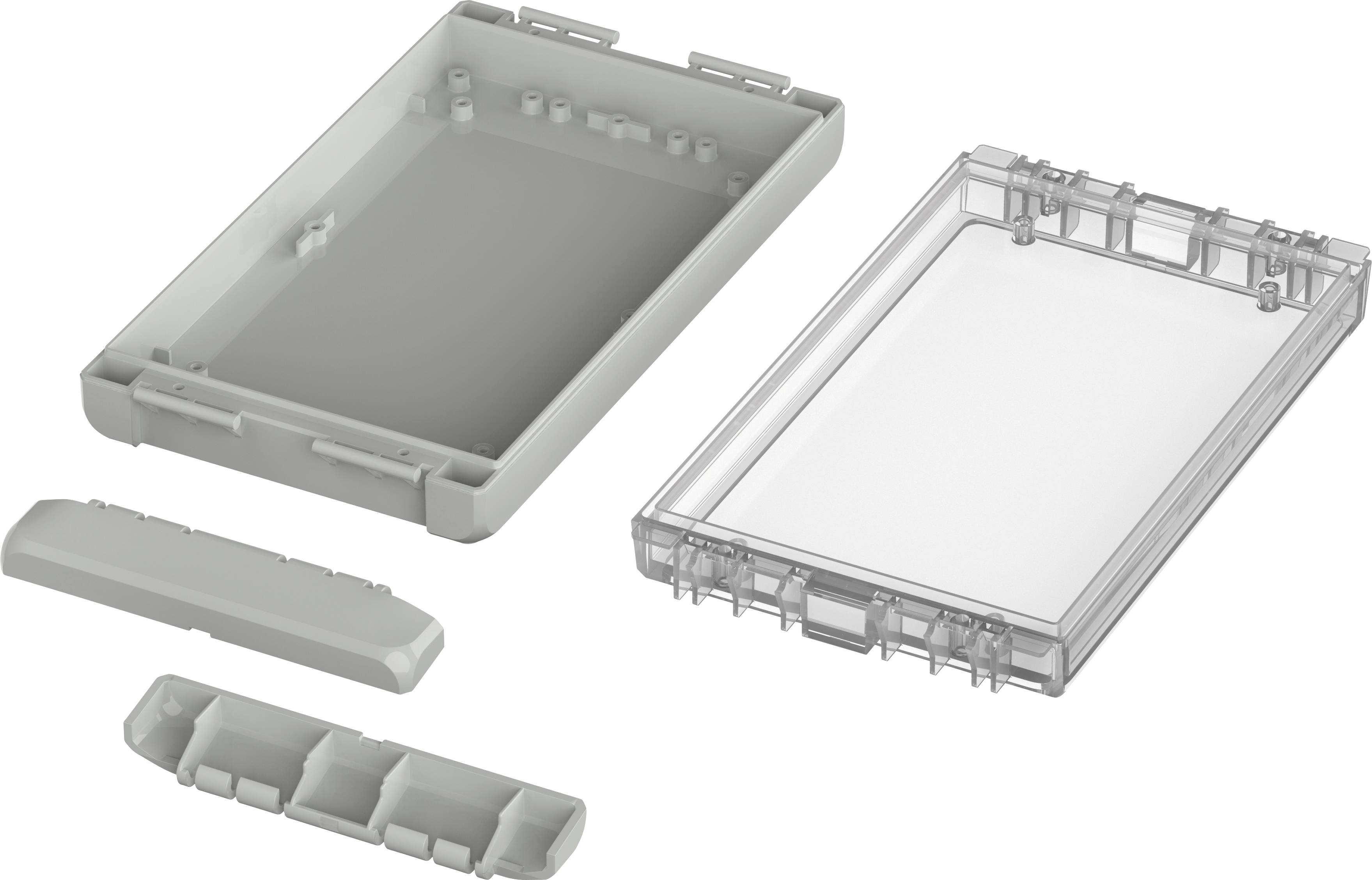 Plastic enclosure in two parts with removable components; transparent and grey; for electronic devices.