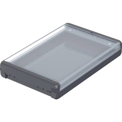 Grey plastic case with a transparent lid, rectangular in shape. Suitable for storing small items or documents.