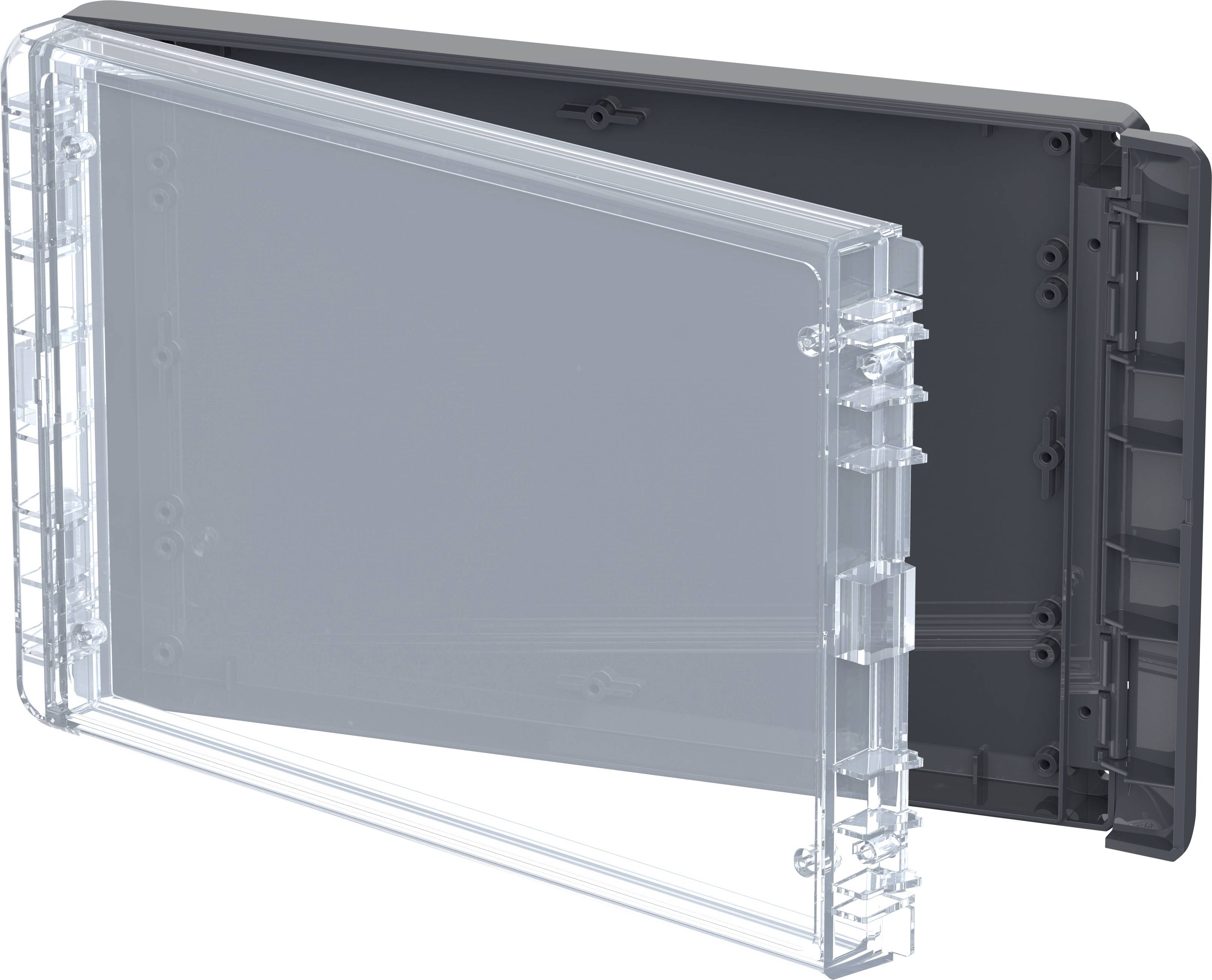 A transparent, open plastic container with a black lid, pivoted at a diagonal angle, on a white background.