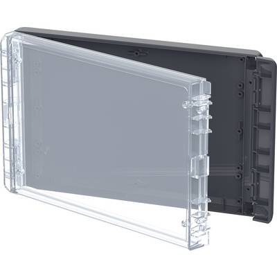 A transparent, open plastic container with a black lid, pivoted at a diagonal angle, on a white background.