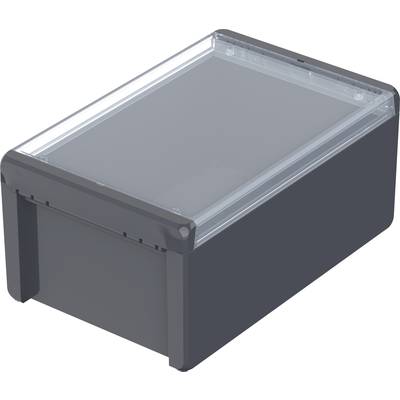 Grey rectangular plastic housing with a transparent lid, potentially for securely storing electronic components.