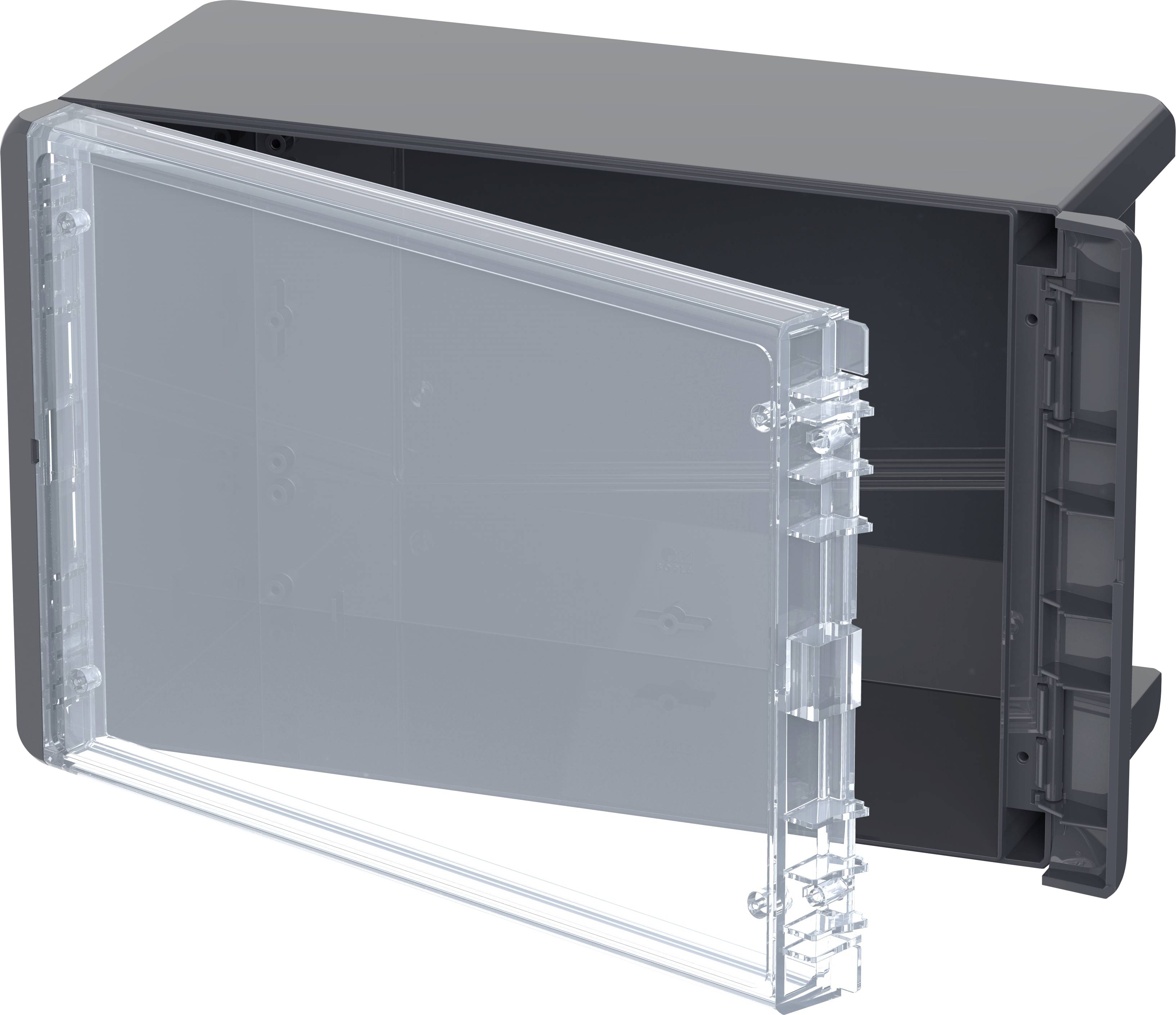 Housing with a transparent lid, partially open. Black, rectangular design for electronics or cable management.