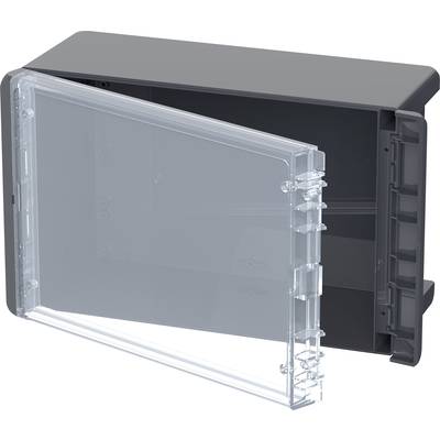 Housing with a transparent lid, partially open. Black, rectangular design for electronics or cable management.