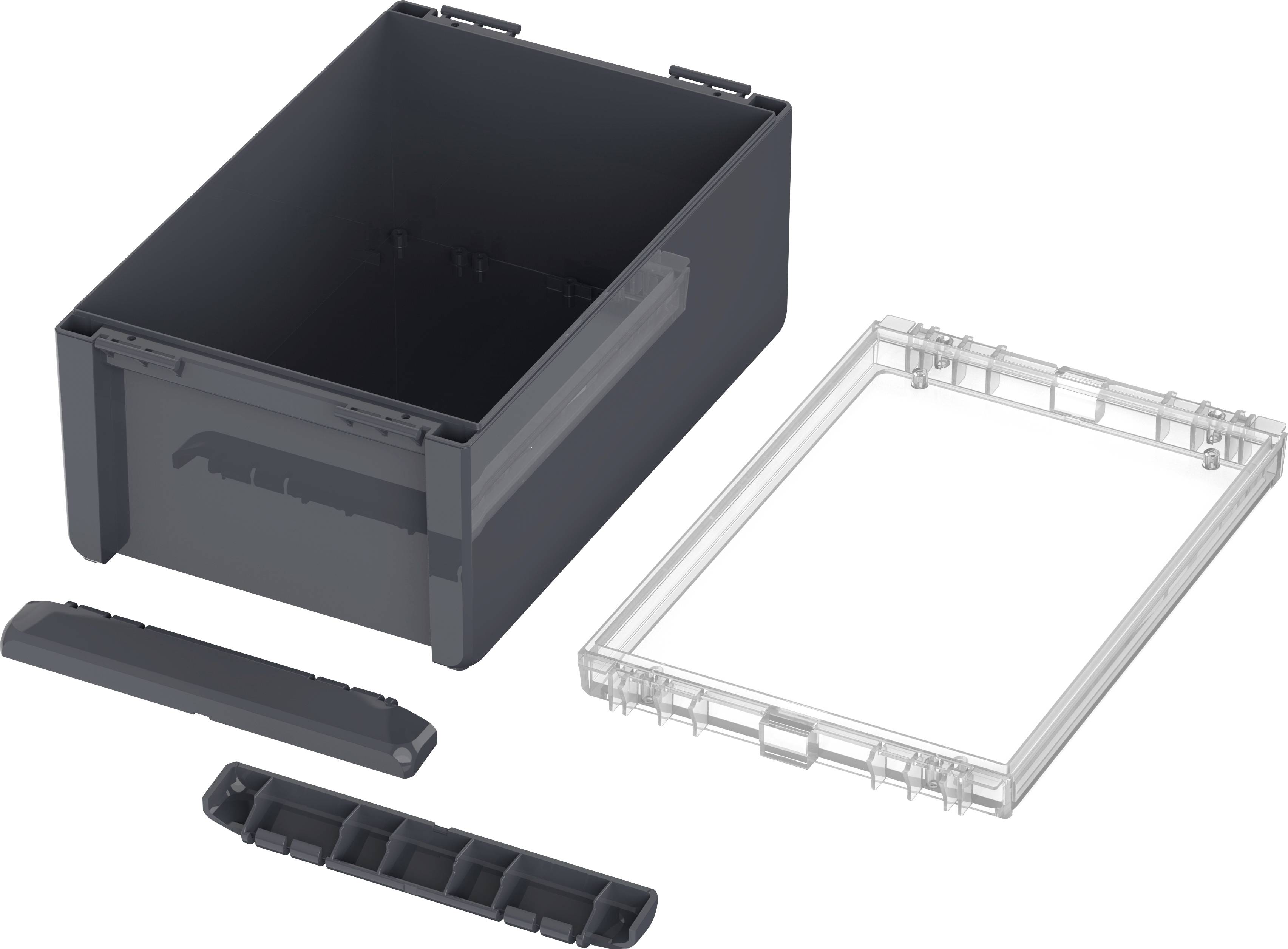 A stackable container with an open lid and removable compartments, suitable for storing small items.