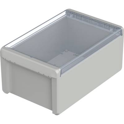 Rectangular grey plastic enclosure with transparent lid, suitable for electronic components or cables.