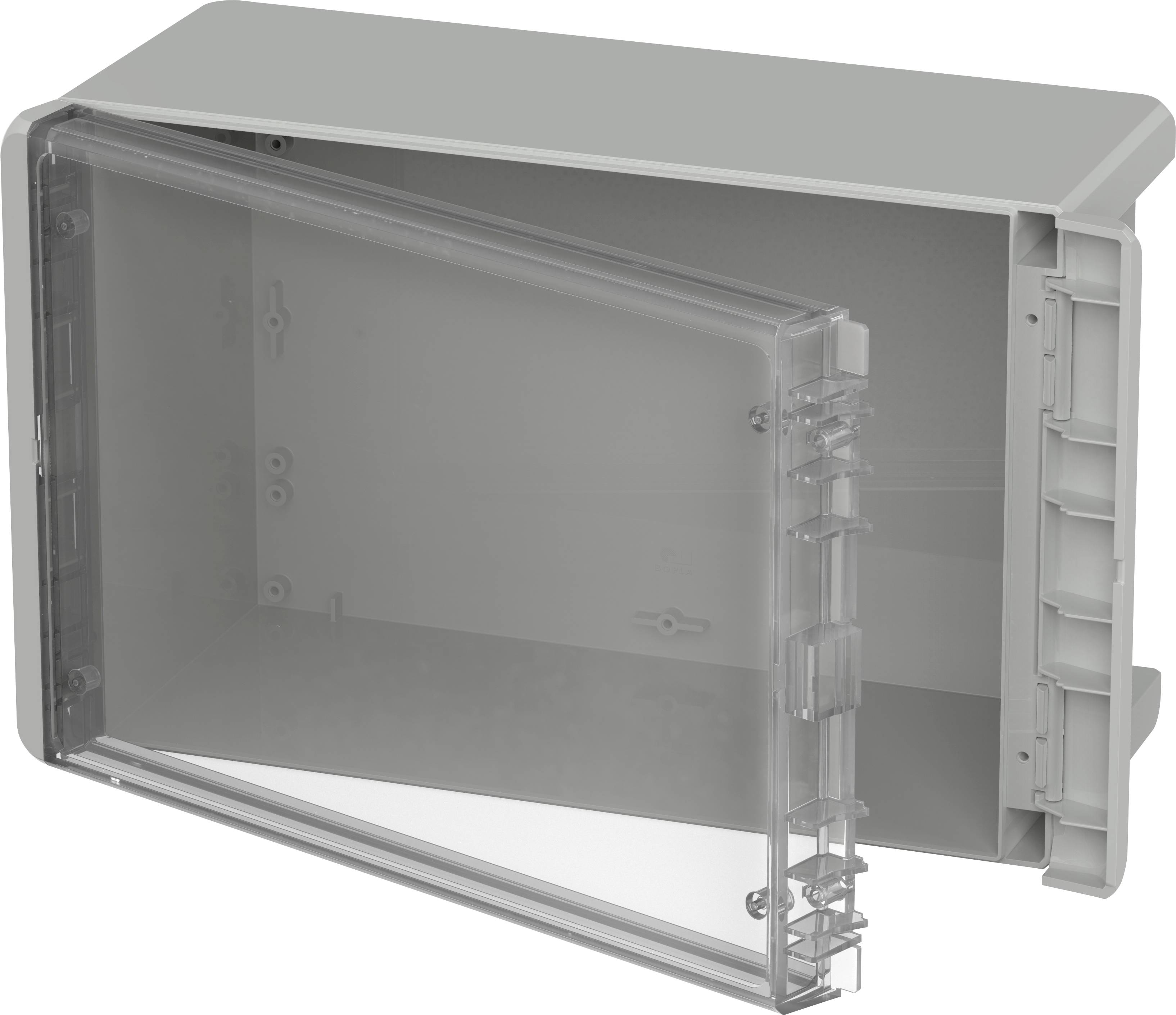 Plastic wall-mounted enclosure with an open, transparent lid. Suitable for mounting electrical components.