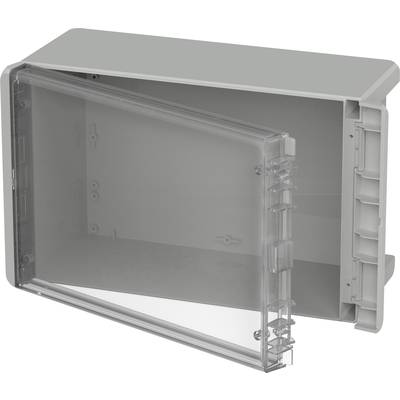 Plastic wall-mounted enclosure with an open, transparent lid. Suitable for mounting electrical components.