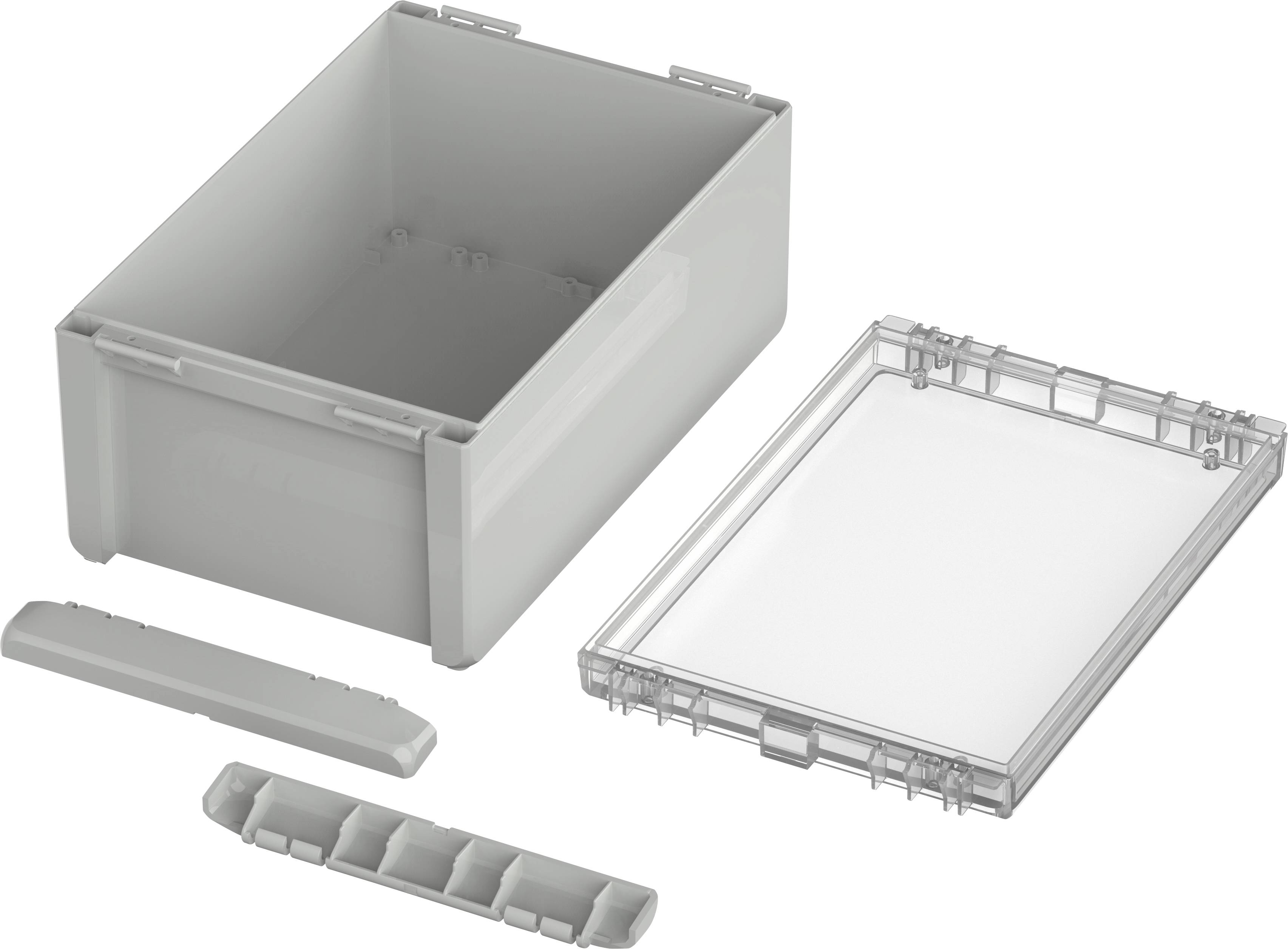Grey, rectangular plastic container with a removable, clear lid next to an insert with compartments and a narrow strip.