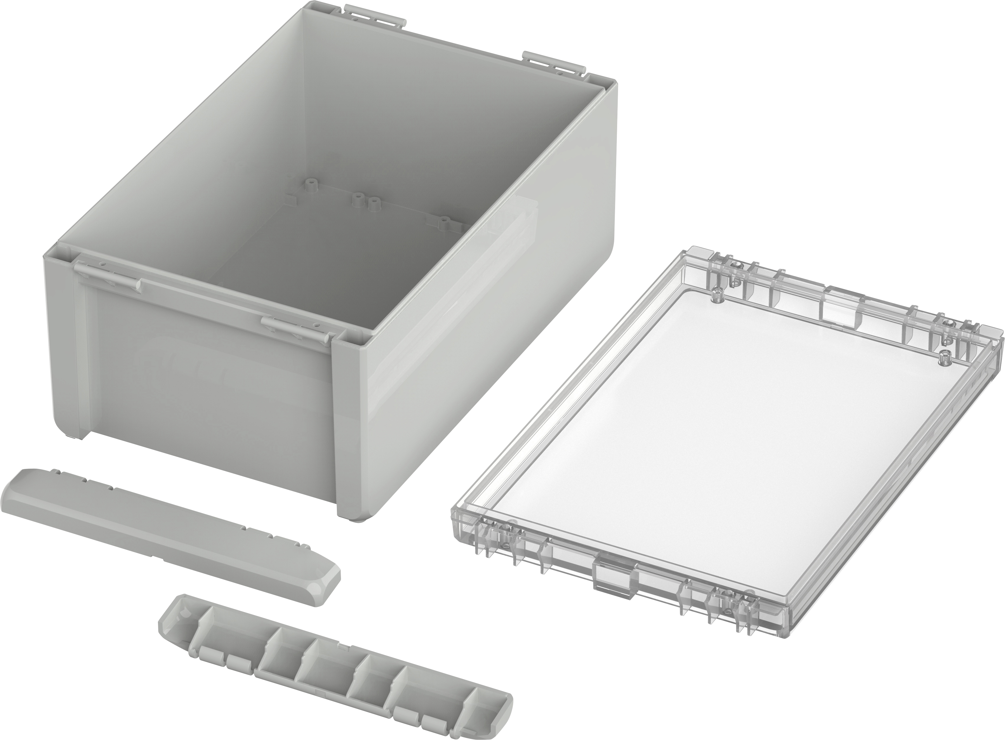 Grey, rectangular plastic container with a removable, clear lid next to an insert with compartments and a narrow strip.
