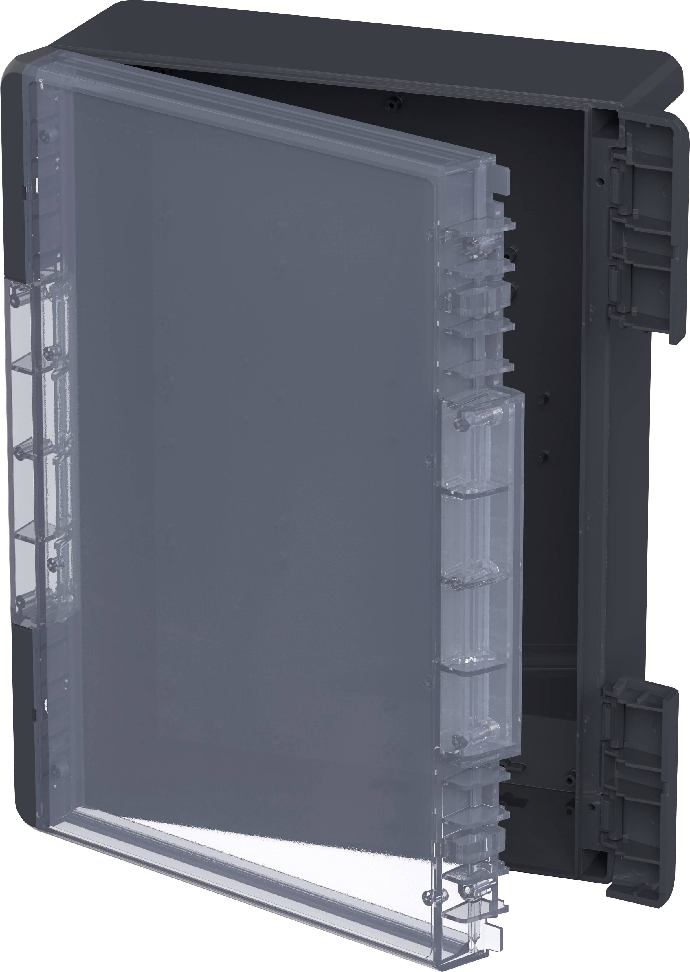 Dark grey plastic housing with a transparent, hinged lid. Suitable for storing or securing electronic devices.
