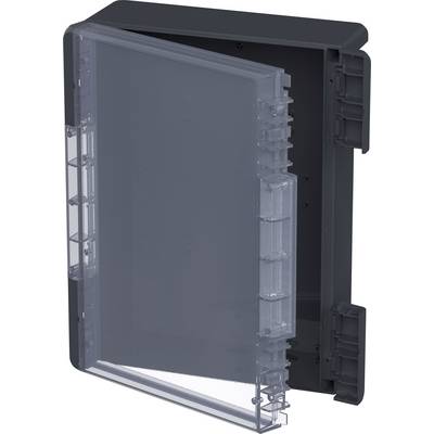 Dark grey plastic housing with a transparent, hinged lid. Suitable for storing or securing electronic devices.
