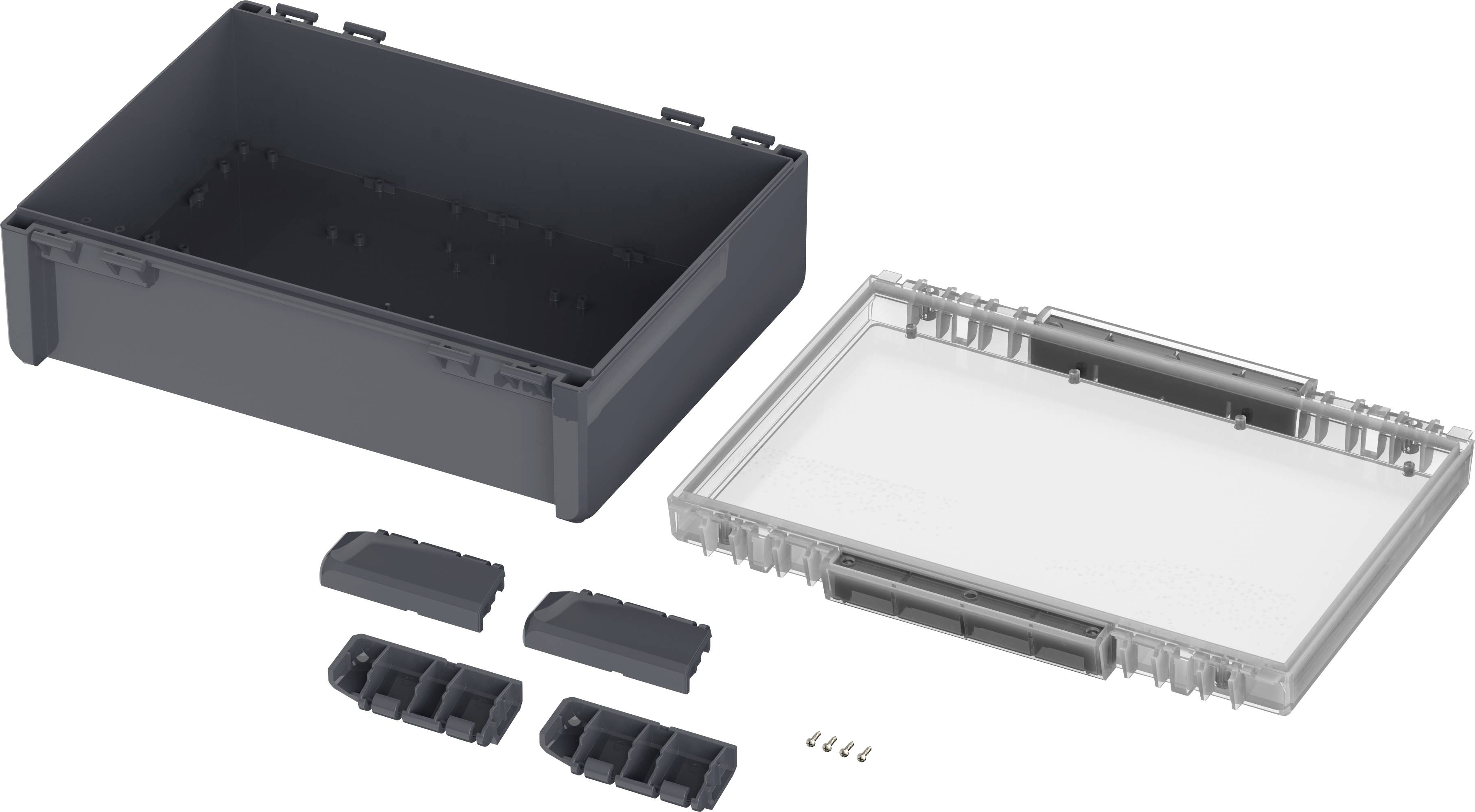 Transparent plastic box with removable compartments and screws, open.
