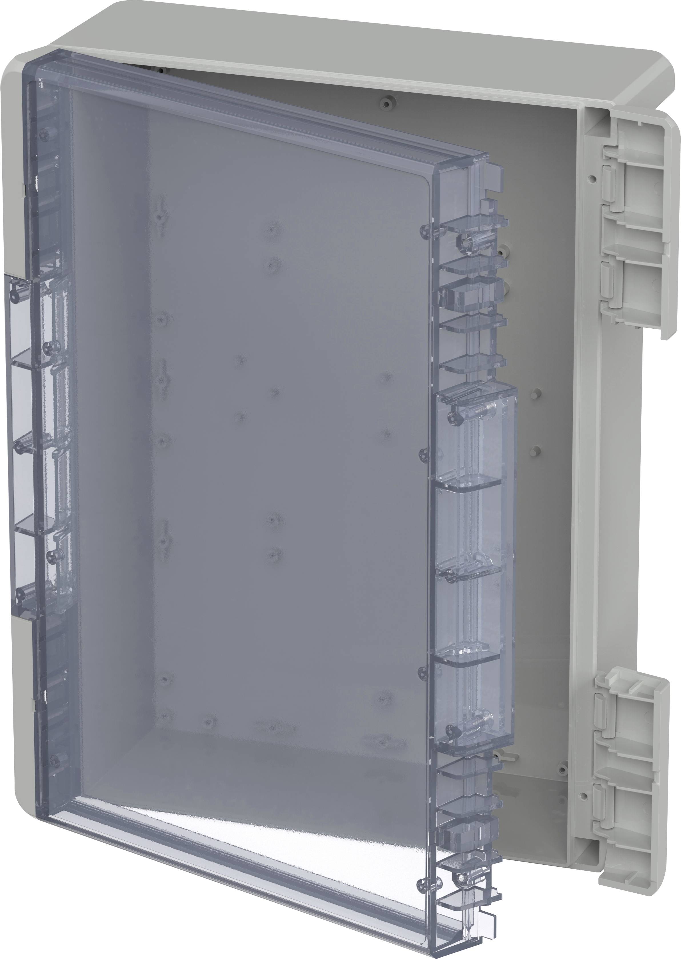 A grey, rectangular electrical enclosure with an open, transparent door. Suitable for mounting electrical components.