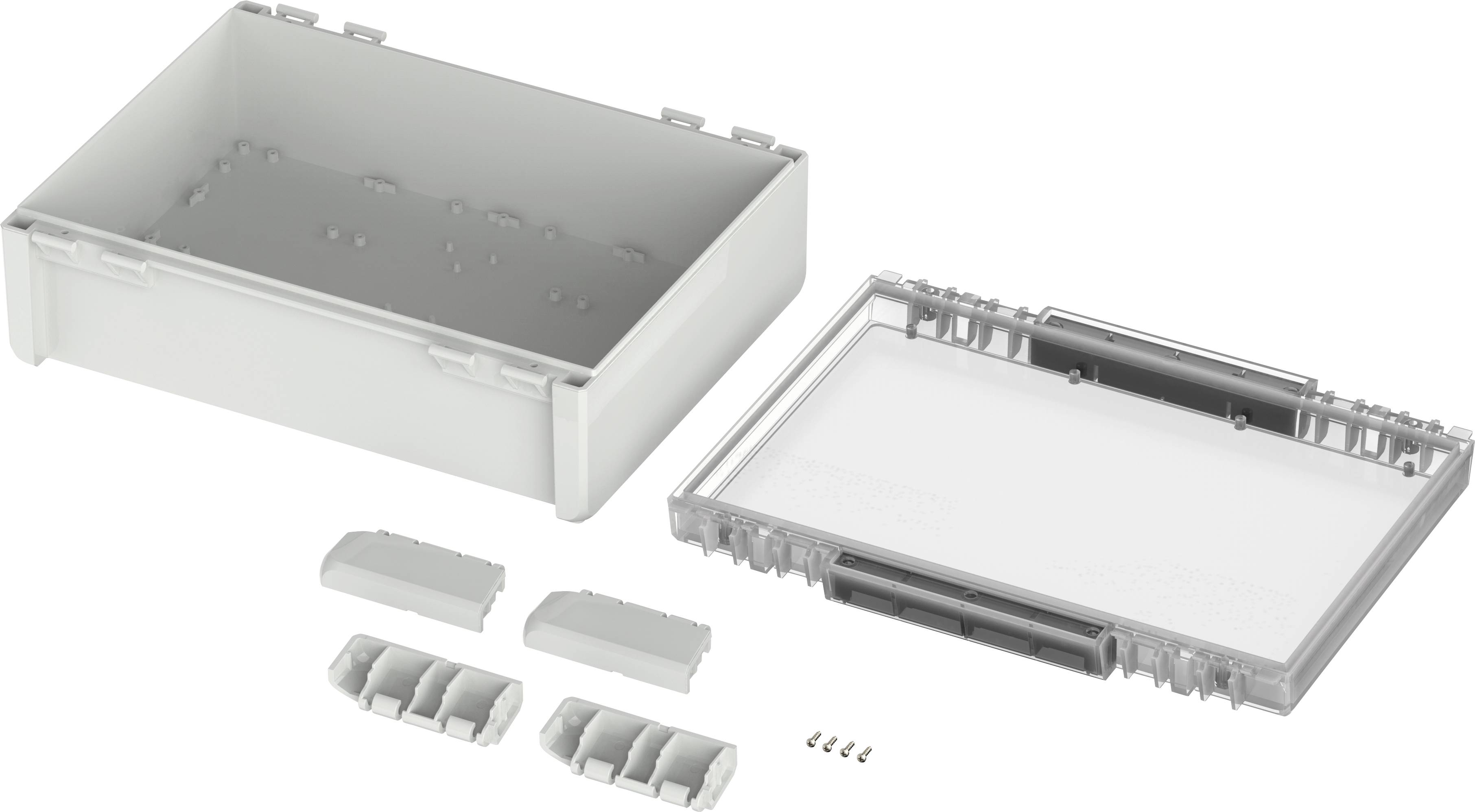 A grey, empty plastic enclosure with a removable lid and various connection ports, suitable for electronic components.