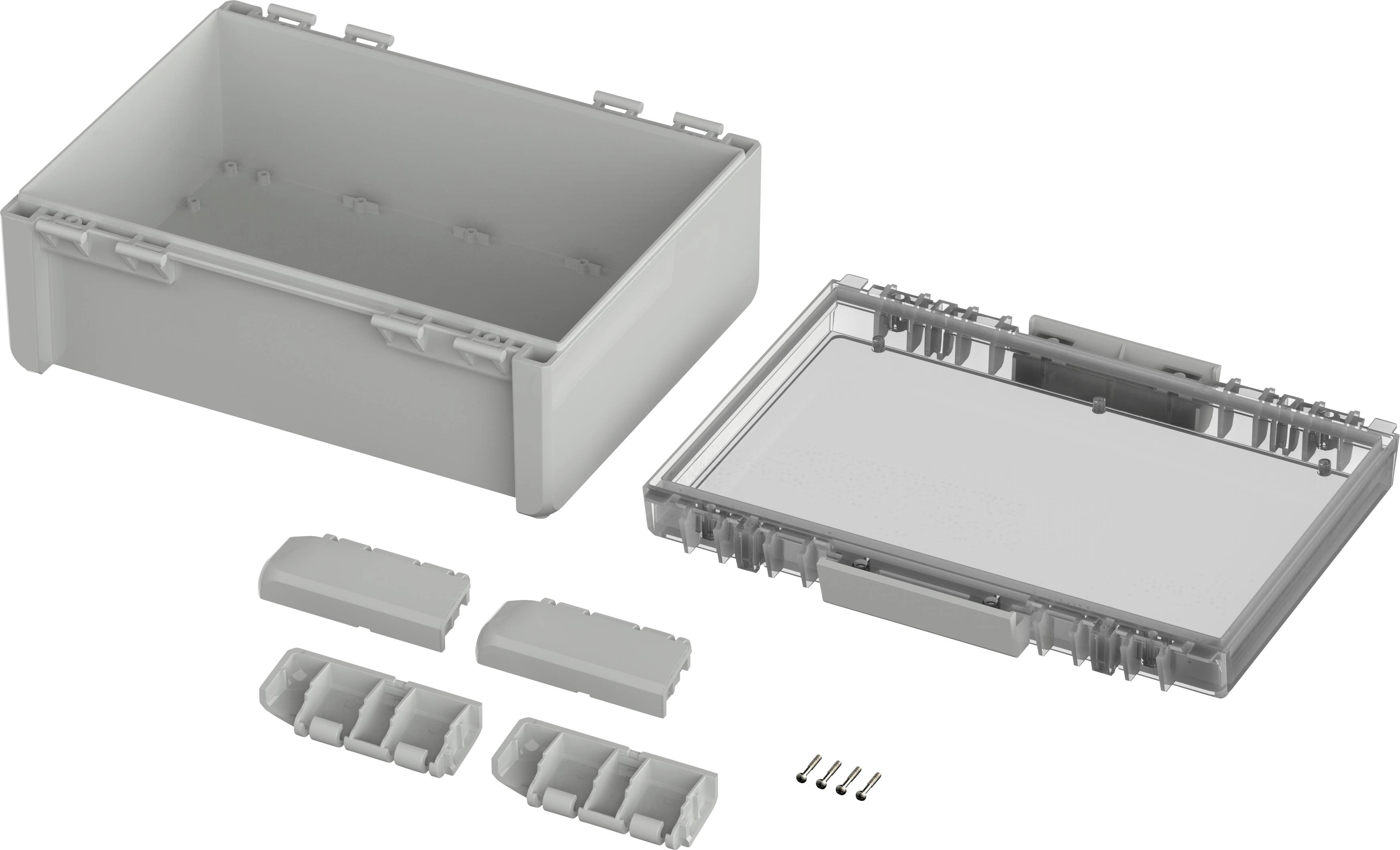 'Housing assembly kit with open lid, multiple covers, and screws. Suitable for electronic components and assembly of modules.'