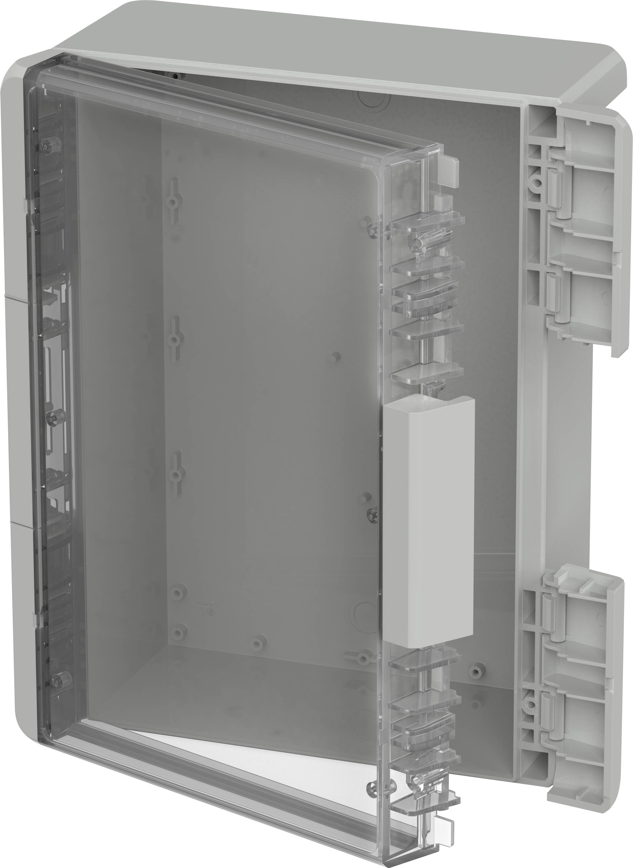 Electrical distribution board with an open, transparent lid. Visible hinges and internal compartment for housing electrical circuits.