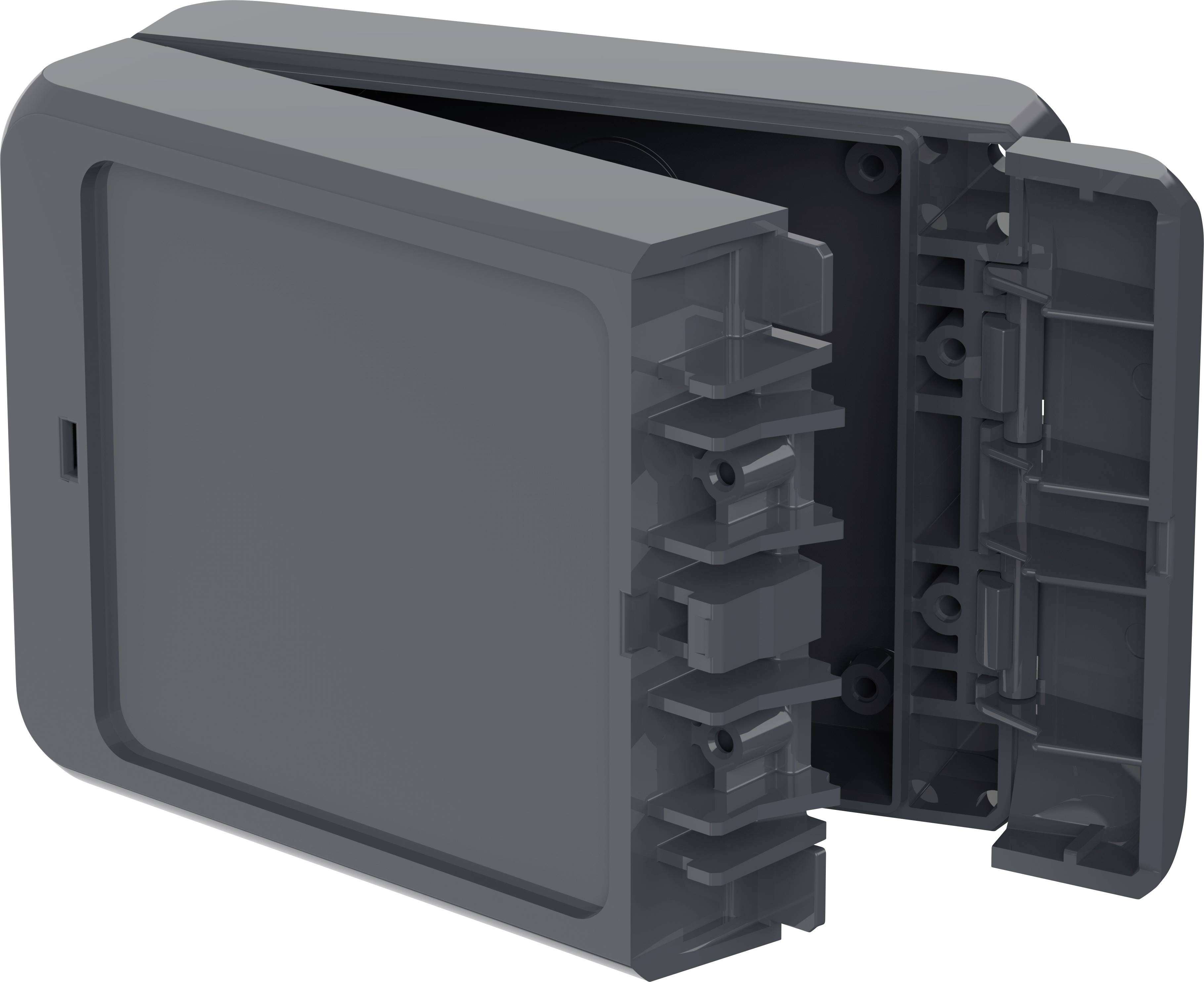 A grey, rectangular enclosure with an open front face, revealing various slots and mounting elements inside.