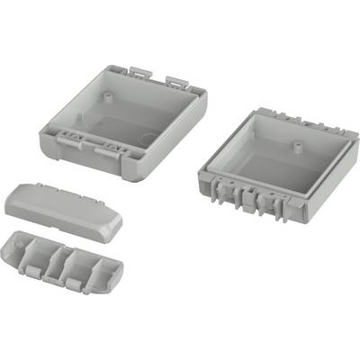 Rectangular grey plastic enclosure, dismantled into parts, revealing its internal and external surfaces. Suitable for electronic assembly.