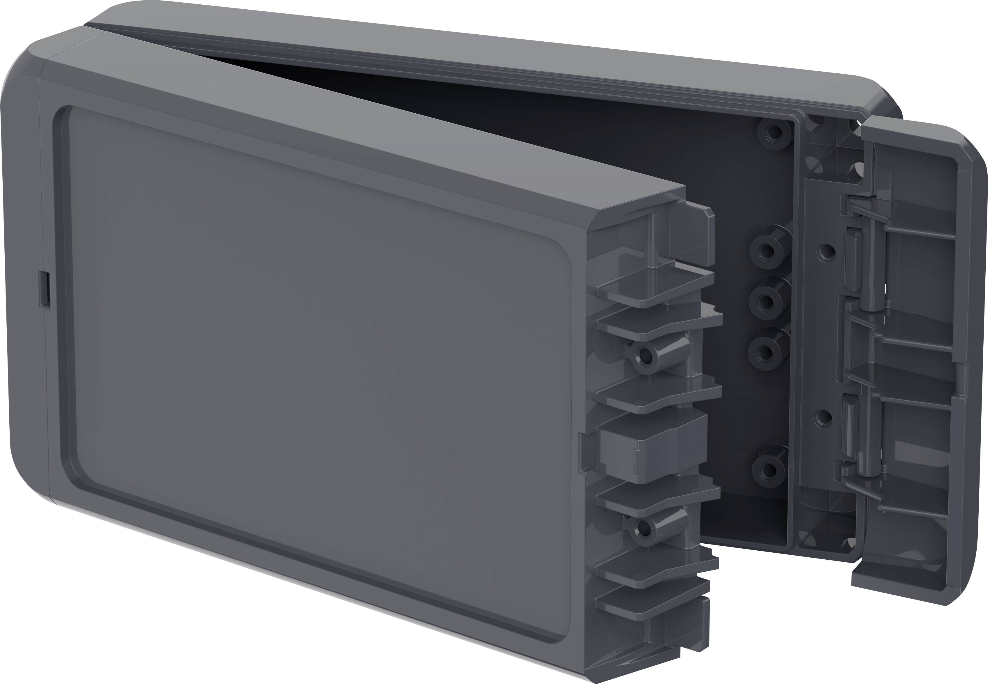 A grey-black, foldable plastic casing with multiple shelves inside.