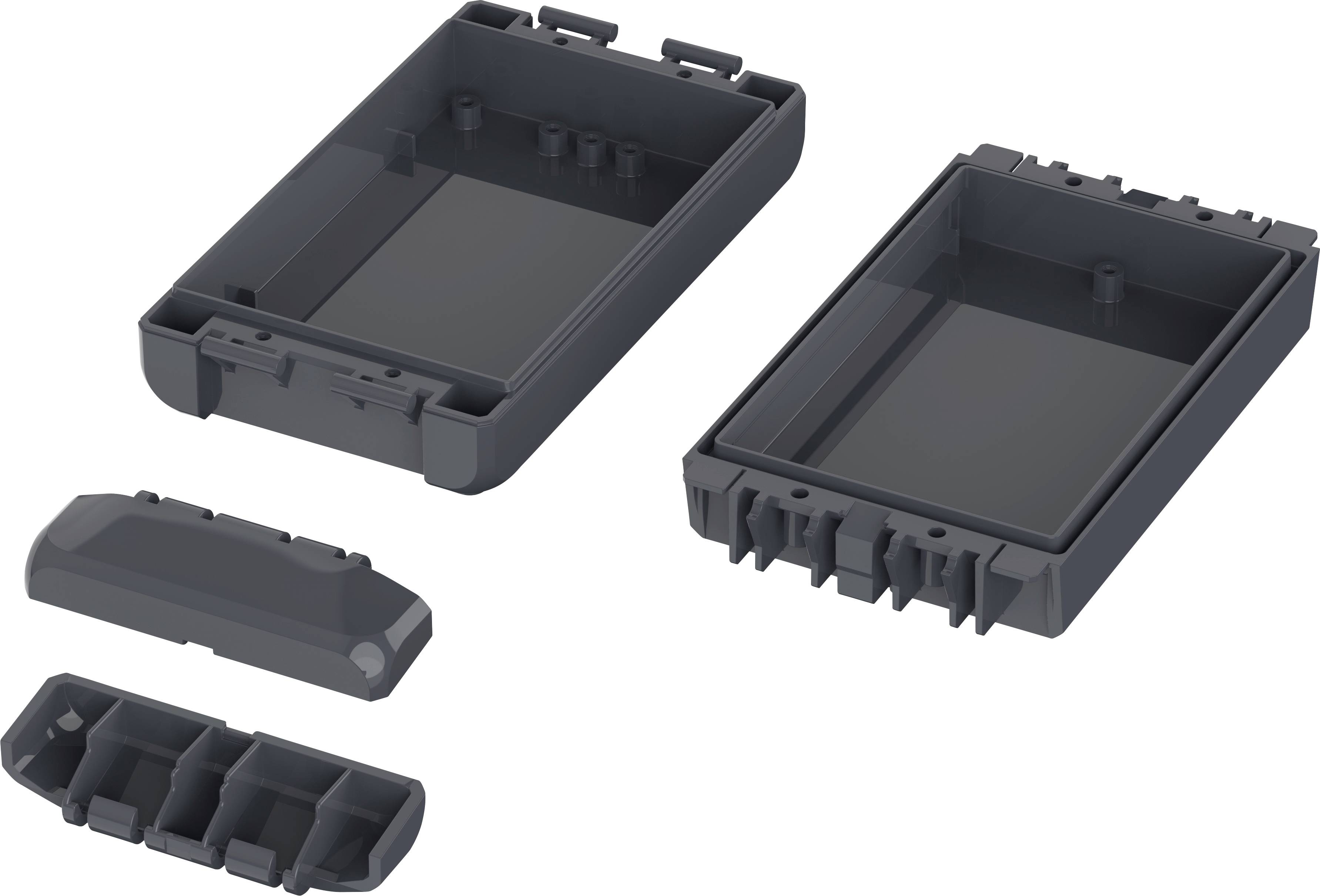 Two black, empty plastic casings with removable covers, arranged side by side, reveal the internal structure.