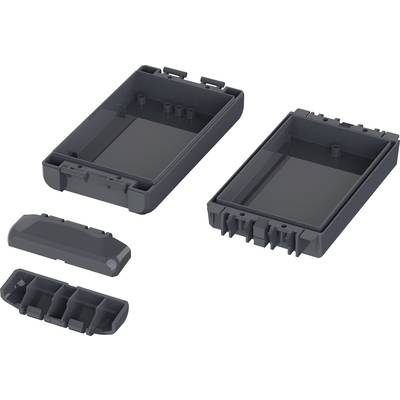 Two black, empty plastic casings with removable covers, arranged side by side, reveal the internal structure.
