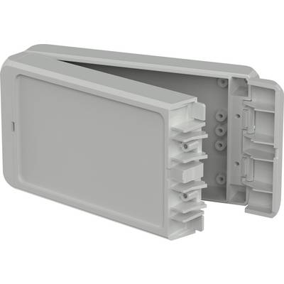 Open, rectangular, grey plastic enclosure with hinge and plug connection. Suitable for electronic components.