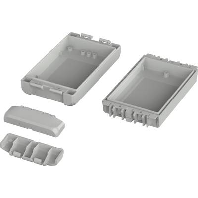 Electronic enclosure, rectangular in shape, comprising a top and bottom section, and additional small components. Suitable for device assembly.