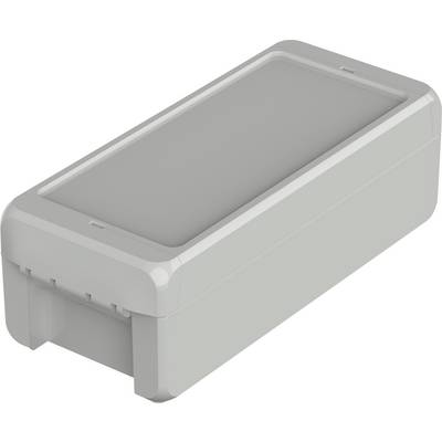 A grey, rectangular plastic casing with rounded edges and a fold-out cover, possibly a small device or container.